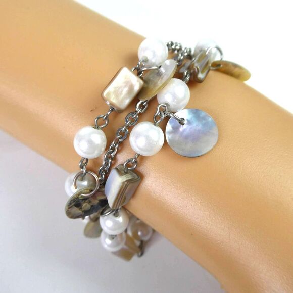 Premier Designs Mother of Pearl Shell Beaded Multi Strand Bracelet Silver Tone - Picture 1 of 8